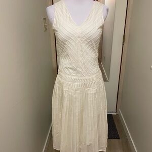 Rebecca Taylor Cream V-Neck Pleated Midi Dress 100% Cotton